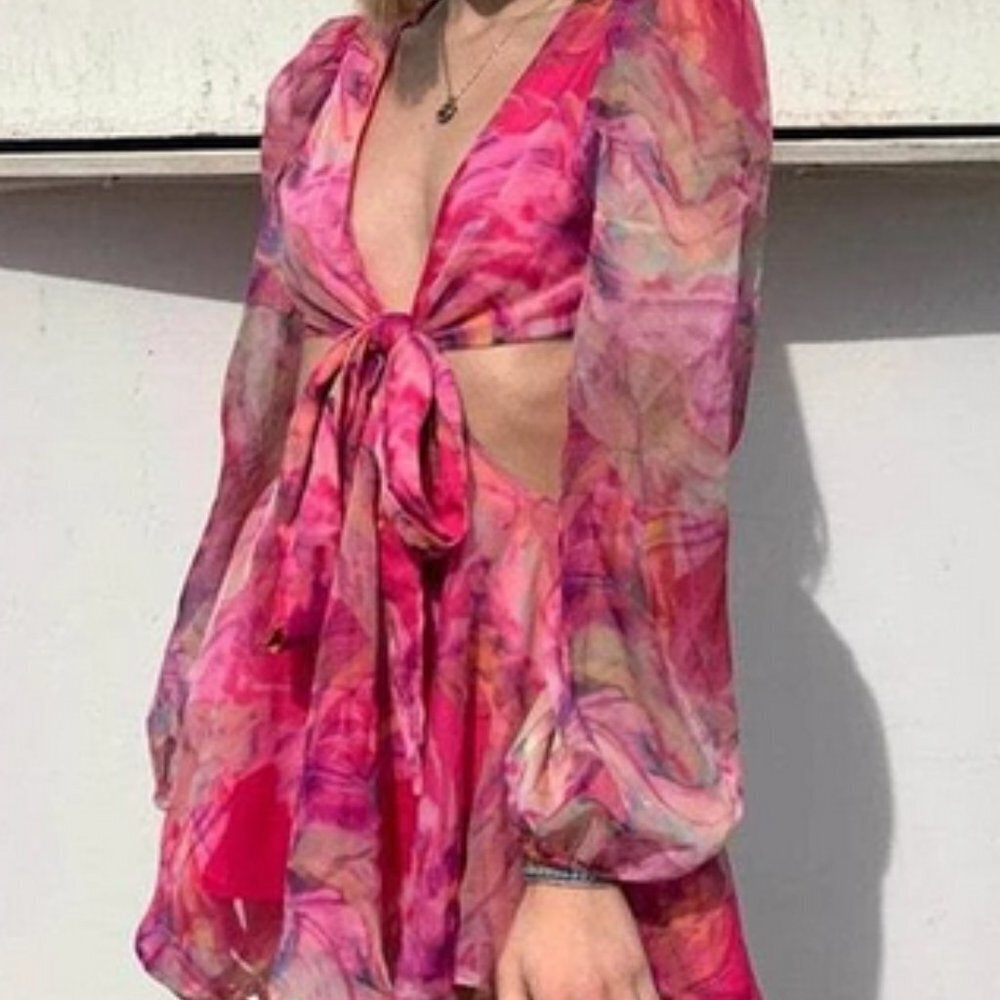 Multicolor Boho Lantern Sleeve Knot Cutout Waist Chiffon Romper - Picture 6 of 9
